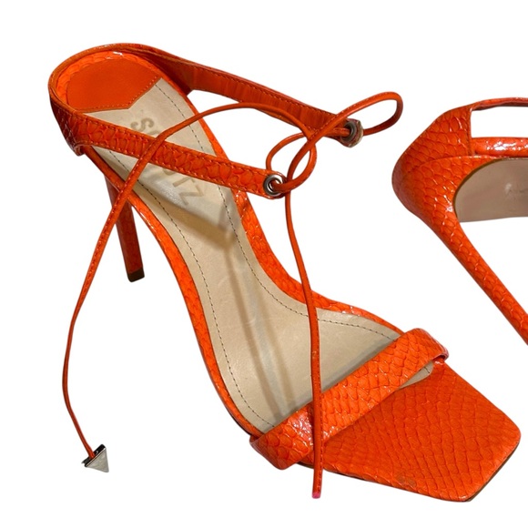 Schutz heels Mavis bright orange leather snake tie strap square toe size 9.5 - Picture 8 of 10